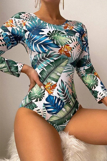 Plant Print Lace-Up Back Long Sleeve Rash Guard – Nature-Inspired Elegance & Performance